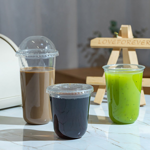 Logo Custom Printed Clear Plastic U Shape PET Coffee Juice Milk Tea Boba Bubble Tea Cup With lids