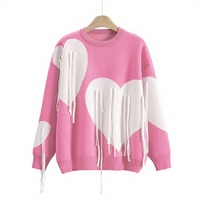 Pull-over tricoté tendance à col patchwork européen/américain, motif cœur et pompons, style jacquard coréen, nouvelle collection printemps transfrontalière