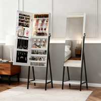 Miroir pleine longueur moderne avec armoire de rangement, interrupteur tactile, cadre en bois, rangement rotatif multifonctionnel pour bijoux, idéal pour chambre à coucher