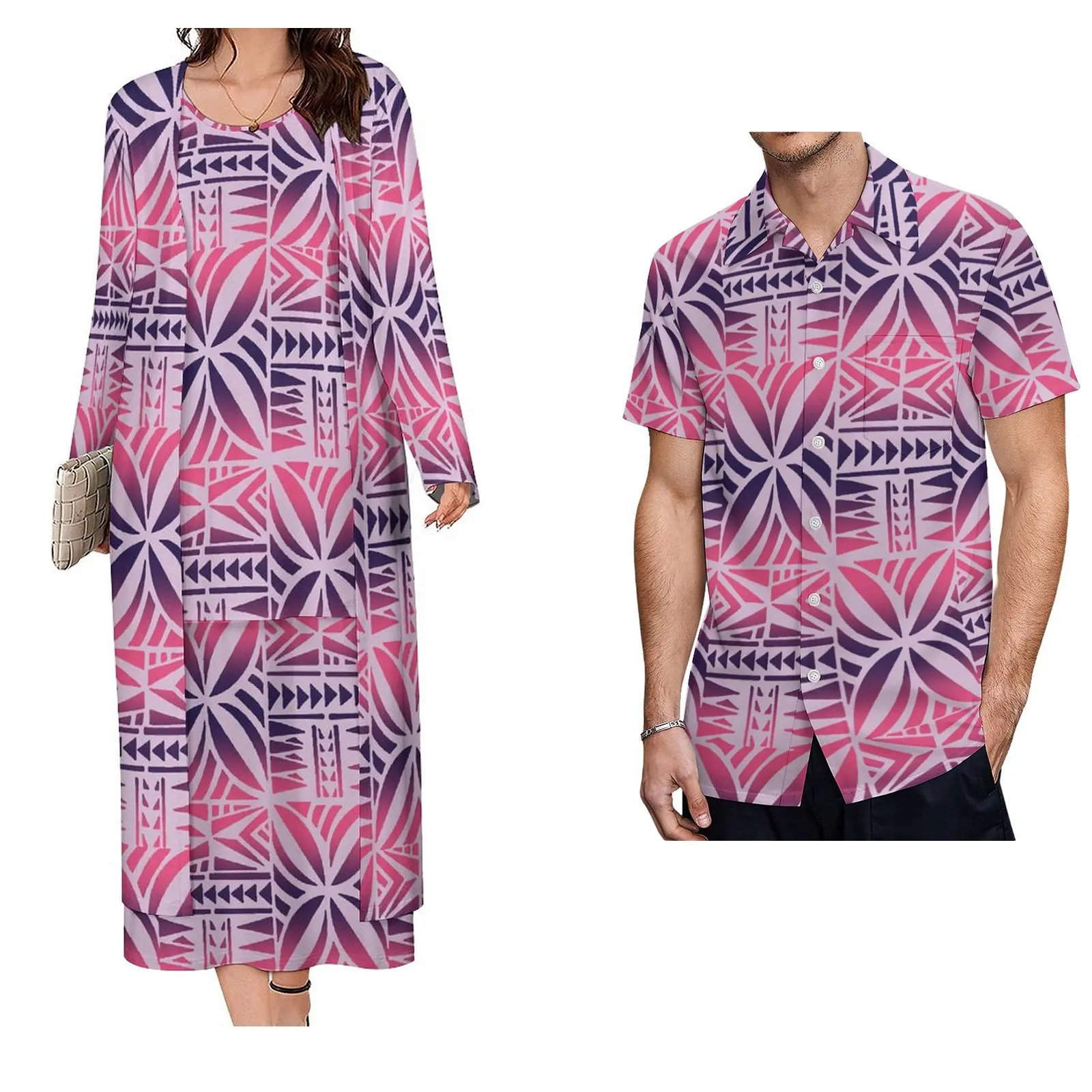 Dropshipping ultimi samoan tapa print design set polinesiani di coppie puletasi abiti da donna set e camicia da uomo set da 2 pezzi