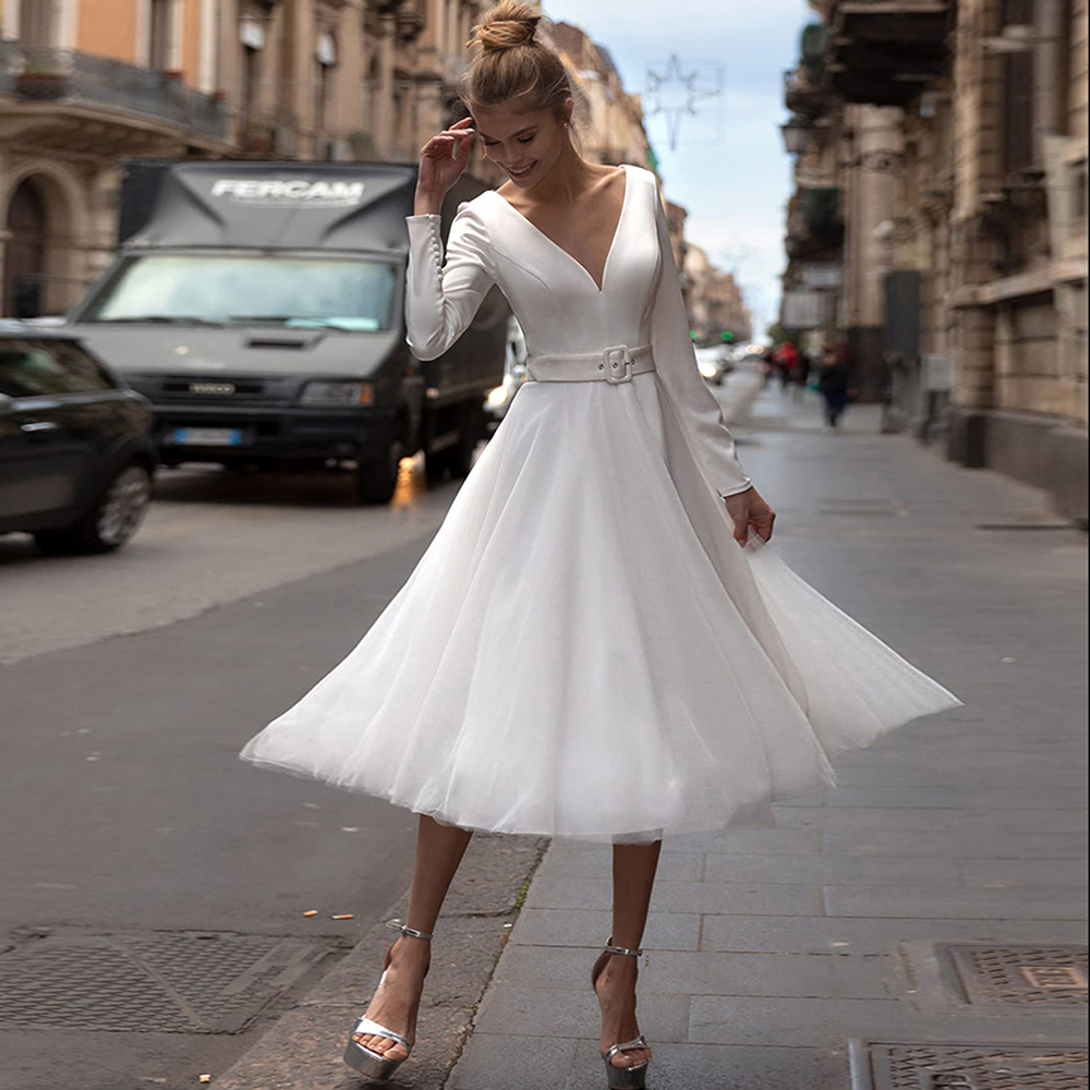 A-Line V Neck Wedding Mid-Calf Dresses Sashes Draped New Arrival Button  Full Sleeves 2025 Simple Fashion Bridal Gowns| Alibaba.com