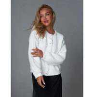 Eleganter Anti-Pilling Weißer Komfortabler Kunstpelz Gestrickter Damen-Cardigan aus Polyester mit Rundhalsausschnitt Stilvoller Lässiger Pullover