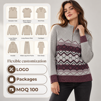 Pull en laine/cachemire tricoté personnalisé pour femme, respirant, style décontracté, motif jacquard Fair Isle sur le devant, idéal pour Noël, avec demi-fermeture éclair