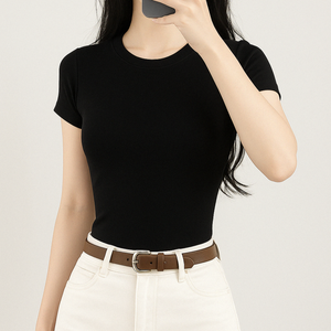 Usine de vêtements OEM vente en gros femmes été ras du cou t-shirt haute extensible doux coton jersey tissu décontracté hauts approvisionnement - Product Image 1