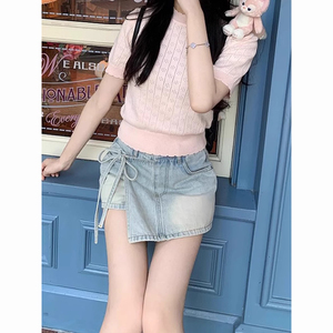 <span class=keywords><strong>Jupe</strong></span>-<span class=keywords><strong>culotte</strong></span> trapèze en <span class=keywords><strong>jean</strong></span> bleu lait pour femme, taille haute, motif floral, technique cirée, amincissante, design asymétrique, collection été - Product Image 2