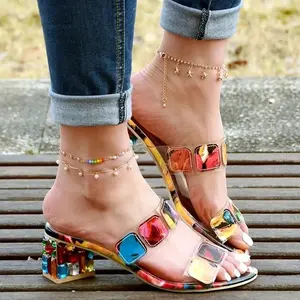 Summer new fashion sexy casual rhinestone thick heel high heels outdoor elegant slippers sandals street plus size women pumps