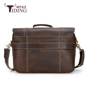 Tiding Retro Crazy Horse <b>Leather</b> <b>Briefcase</b> 16 Inch Men's Business Messenger Bag Dark Brown Durable Large Capacity - Product Image 1