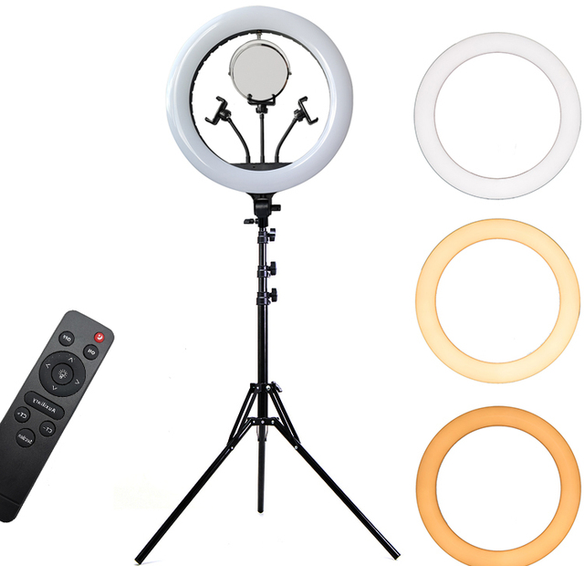 18" 60W LED Ring Light Annular Bi-color Ring Lamp+Mirror+Remote Control for Video YouTube Ringlight Makeup Light with Tripod