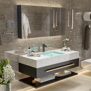 Mueble moderno de lujo con diseño flotante, encimera de piedra de <span class=keywords><strong>roca</strong></span>, fregadero de cerámica, armario de baño, espejo LED, juego de tocador con cajones - Product Image 4