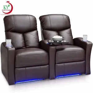 JKY Furniture Theater Furniture Sofa Home Cinema Leather Recline Electric With LED Lights And Tray Tables For Living Room
