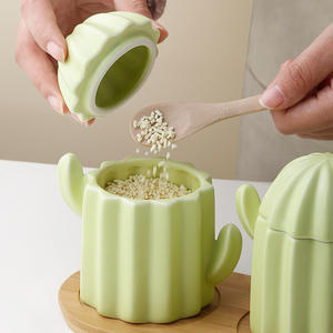 Nouvelle conception, écologique, durable, adorable, ensemble <span class=keywords><strong>de</strong></span> pots <span class=keywords><strong>de</strong></span> rangement en céramique en forme <span class=keywords><strong>de</strong></span> <span class=keywords><strong>cactus</strong></span>, lot <span class=keywords><strong>de</strong></span> 2 ou 3 avec couvercle et cuillère en bois pour la cuisine - Product Image 3