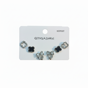 Set di Orecchini a Perno Qjnyajare Placcati Argento con Cristalli e Strass, Farfalla e Trifoglio, Gioielli Moda Donna in Argento 925 - Product Image 1