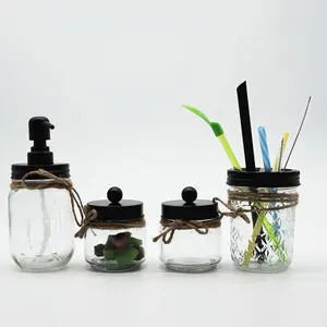 4oz 16oz Clear Mason Jar with Black Matte Lids for Bathroom Storage Sets of 4pcs Cotton Storage Glass Jar Toothbrush Holder