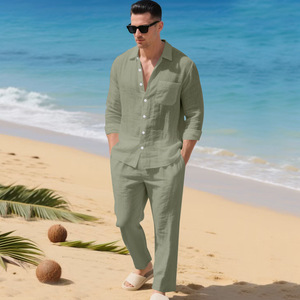 Completo da <span class=keywords><strong>Uomo</strong></span> in <span class=keywords><strong>Lino</strong></span> 2 Pezzi: Camicia a Maniche Lunghe con Colletto Rovesciato + Pantaloni Lunghi Larghi, Outfit Casual da <span class=keywords><strong>Spiaggia</strong></span> per l'Autunno, Disponibile in 8 Colori - Product Image 5