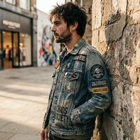 Veste en jean pour homme effet vieilli avec patchs Street Noise Cyber Skull, style punk, personnalisable OEM
