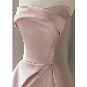 Satin Strapless Mermaid Evening Dress Natural Waist Asymmetric Design Pink Color X046 - Product Image 4