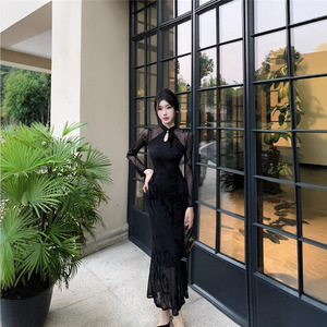 Elegant Fitted Bodycon Fishtail Maxi Dress High Neck Sheer Layer Chinoiserie Party Stage Evening Dress Natural Waistline - Product Image 1