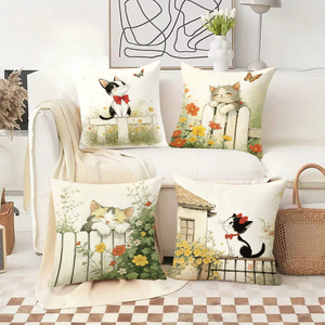 Những chú mèo dễ thương trong cảnh vườn hoa trên những chiếc gối ấm áp với trang trí lễ hội ở phía sau. - Product Image 2