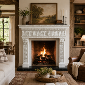 Chimenea tradicional de mármol con tallado ornamentado, de mármol blanco, para interiores, con estufa de leña para comedor. - Product Image 1
