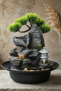 Fuente de Agua Decorativa Zen Oriental con <span class=keywords><strong>Pagoda</strong></span> de Montaña, Cascada de Rocas en Capas de Resina y Pino Artificial - Product Image 2
