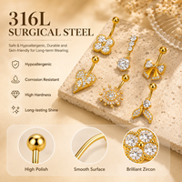 Anneaux de nombril en acier inoxydable doré avec zircon CZ, motifs cœur, fleur, papillon, bijoux de piercing pour le nombril, hypoallergéniques, cadeau de mariage