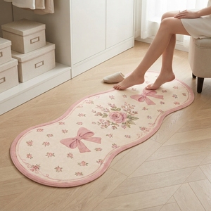 Tapis moderne en polyester rose mignon à motif animalier avec nœud et roses, lavable et antidérapant, pour chambre de filles, chambre d'enfant et décoration intérieure - Product Image 6