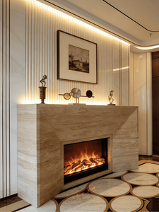 Conjunto de <span class=keywords><strong>Chimenea</strong></span> y Repisa de Travertino Beige de Piedra Natural Porosa de una Sola Pieza con Marco de Acero Integrado - Product Image 4