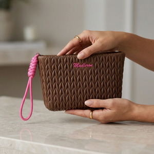 Soft <b>Makeup</b> Pouch Designer Padded Cosmetic Bag Portable Travel Toiletry Organizer Brown Bubble Fabric Beauty Storage <b>Case</b> - Product Image 2