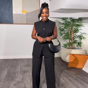 Conjunto de Roupas Femininas de 2 Peças: Top Sem Mangas com Gola Mandarim e Calças de Perna Larga, Atacado - Product Image 6