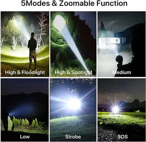 Lampes de poche LED rechargeables 1000 lumens, super lumineuses, puissantes, tactiques, zoomables, 5 modes, étanches, d'urgence, 12000 lumens - Product Image 4