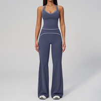 Conjunto Deportivo de Tela Suave Cepillada con Bloques de Color, Sujetador de Doble Tirante y Pantalones de Pierna Ancha con Control Abdominal para Mujer, Ropa Deportiva para Gimnasio