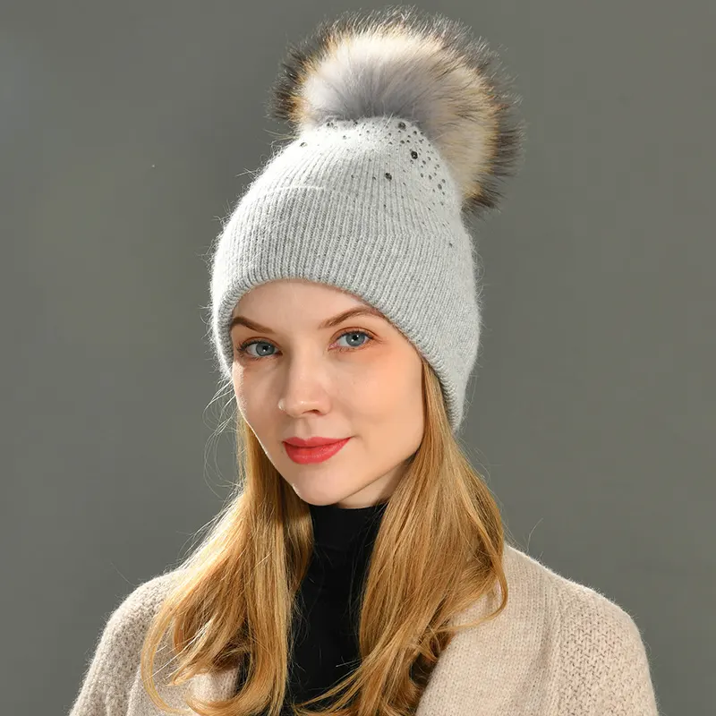 Winter Women Real Raccoon Fur Ball Pompom Beanies Caps High Quality Wool Knitted Hats Rhinestone Winter Cashmere Beanie