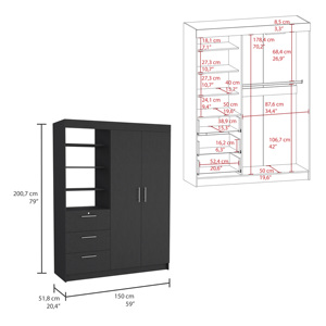 Ensemble de chambre à coucher 2 pièces Peyton : Armoire et table de chevet noires avec tiroirs et étagères pour le rangement - Product Image 5