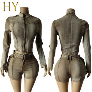 Collezione <span class=keywords><strong>Boutique</strong></span> autunno inverno 2025 da donna <span class=keywords><strong>Casual</strong></span> 2 pezzi Top e Shorts a collo a manica lunga in tinta unita in Denim taglie S-2XL - Product Image 3