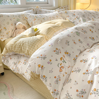 40s Coton 4 pièces Cute Cartoon Flower Duvet Cover Sheet Flat Sheet Set AB Side Reversible Use for Adults
