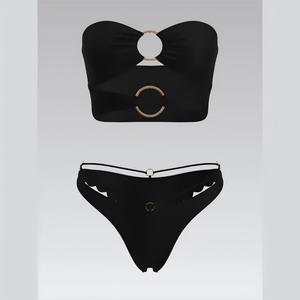 Elegante conjunto de bikini de doble aro con aberturas y tiras para mujer, con braga brasileña fruncida de cintura alta - Chic y de cintura alta - Product Image 2