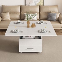 Mesa de Centro con Tapa Elevable y 4 Taburetes de Almacenamiento para Sala de Estar, Efecto Mármol, Cajón con Ruedas, Mesa Baja Multifuncional