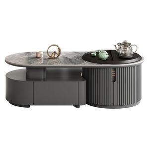 Modern <strong>Oval</strong> - Shaped Marble - Top <strong>Coffee</strong> <strong>Table</strong> with Drawer and Rotating Tea Tray - Product Image 6