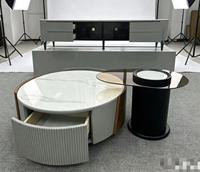 Ensemble de table basse ronde moderne de luxe en verre avec plateau en marbre, base en métal, tiroirs multifonctions, extensible, pour salon