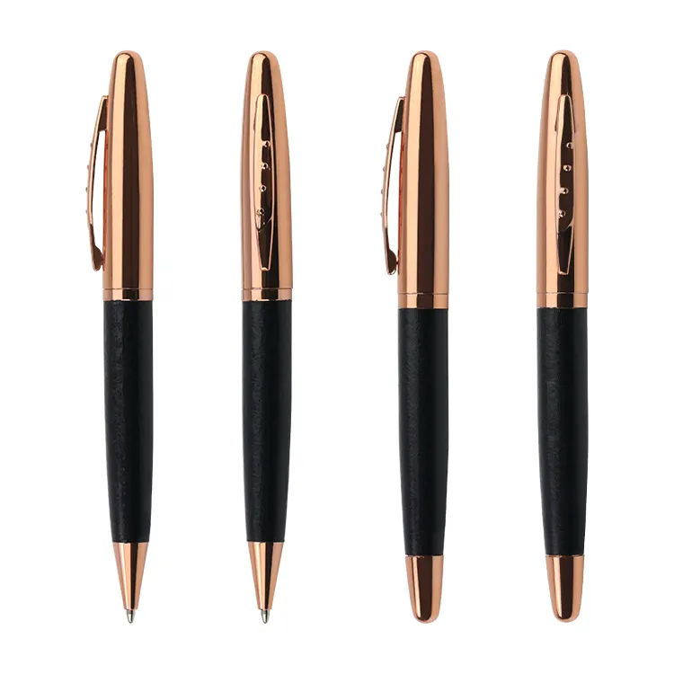 Bolígrafos de cuero de PU de metal de lujo de fabricante chino, bolígrafos de cuero de oro rosa con logotipo personalizado