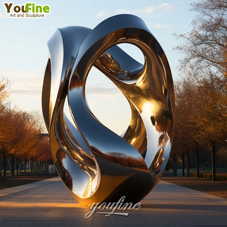 Grande sculpture moderne abstraite en métal doré en acier inoxydable de haute qualité