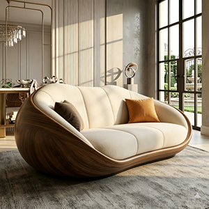 Sofá Curvo Tapizado en Beige con Estructura Exterior de Fibra de Vidrio con Acabado en Madera de Nogal para Espacios Residenciales de Lujo - Product Image 4