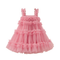 Robe de princesse d'été douce pour filles, style occidental, col rond, dentelle unie, jupe voile, polyester/coton