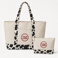 Sac en toile à imprimé vache, patchwork, avec logo personnalisé, sac fourre-tout en coton, ensemble cadeau monogrammé, vente en gros, chapeau bob, pochette à cosmétiques