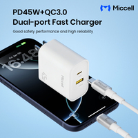 Chargeur mural GaN haute efficacité Miccell 45W avec PD 45W + QC 3.0 et double port pour les utilisateurs d'ordinateurs portables et de téléphones