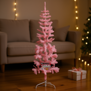 Sapin de Noël artificiel rose mince de 1,5 m avec support – Décoration intérieure élégante - Product Image 2