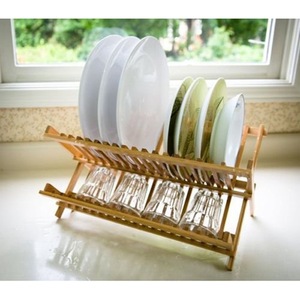 Bamboo Dish Rack <b>Collapsible</b> Double Tier Draining Rack For Kitchen Countertop <b>Storage</b> - Product Image 2
