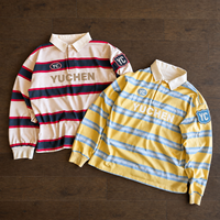 Chemises en tricot rayées à col boutonné avec logo brodé YUCHEN, coupe ample, style rugby, manches longues, pour hommes