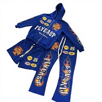 100% Terry Cotton 450 GSM Hoodie Kustom Set Flare Print Tracksuit Oversized Dengan Desain Bordir Timbul untuk Pria