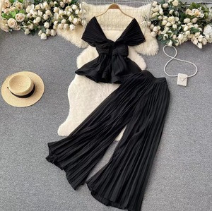 Conjunto de 2 Piezas Elegante de Alta Gama para Mujer: Top de Gasa sin Mangas con Pliegues y Pantalones Anchos de Cintura Alta - Product Image 2